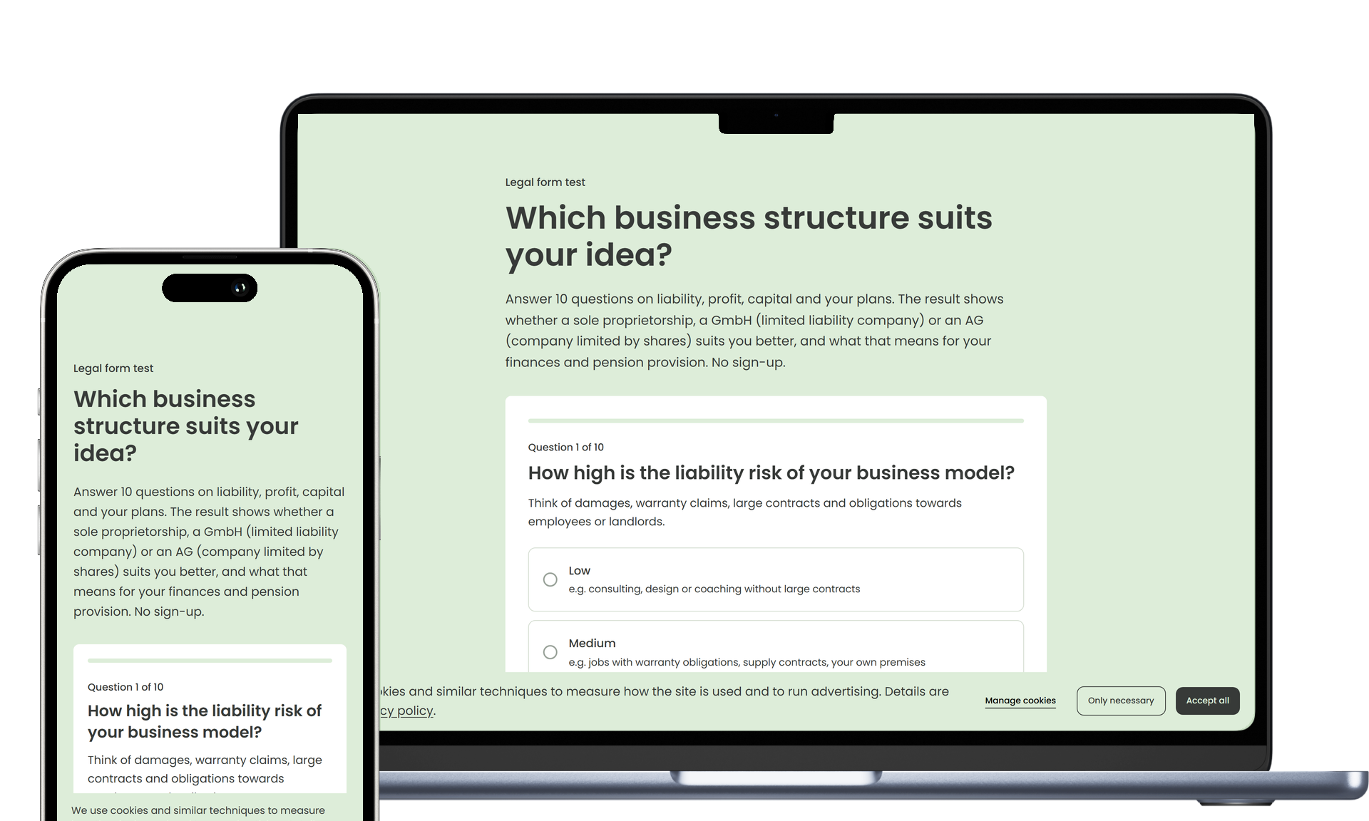 The legal form test on screen and mobile device