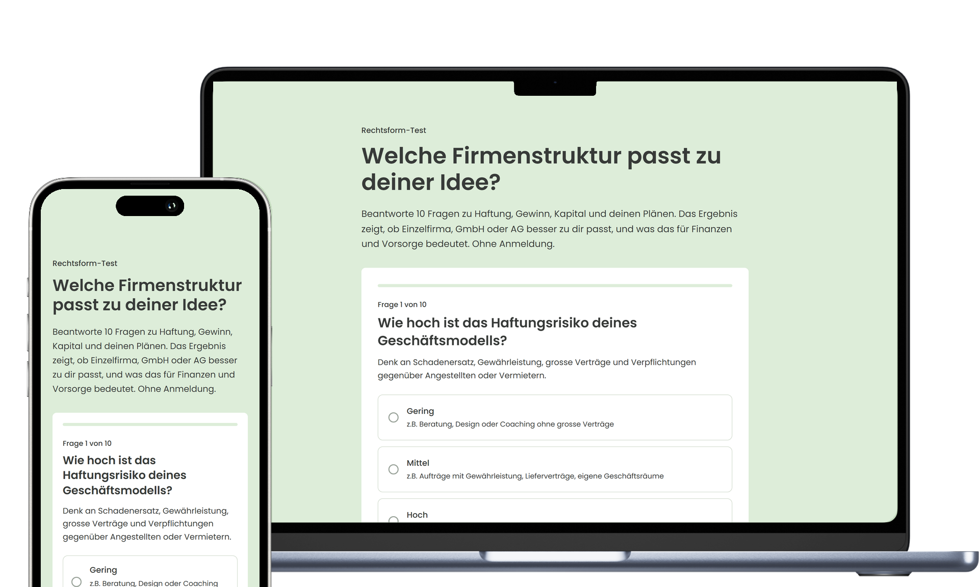 Der Rechtsform-Test auf Bildschirm und Mobilgerät